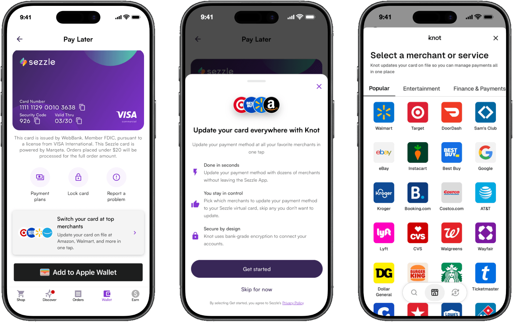 Three screens from the Sezzle app: the Sezzle Card, the Knot card switching prompt, and the Knot merchant picker showing Walmart, Amazon, Target and other merchants.