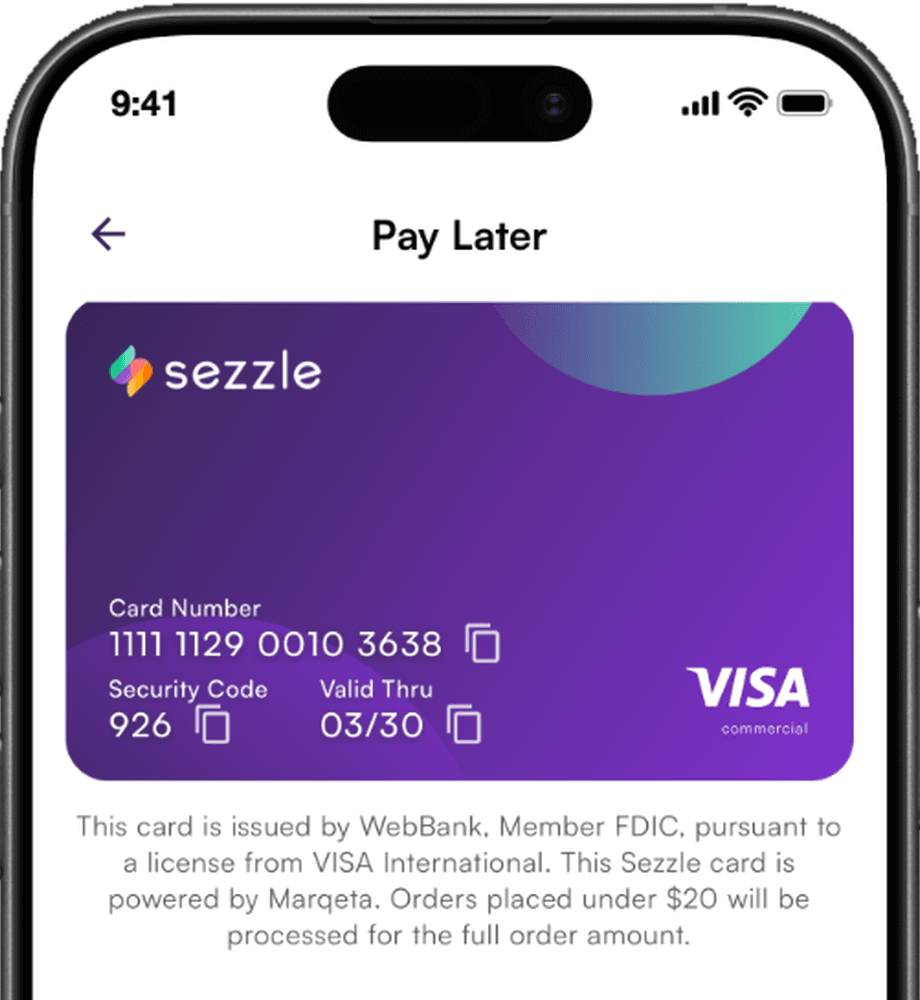 The Sezzle Card, a virtual Visa card, shown in the Sezzle app.