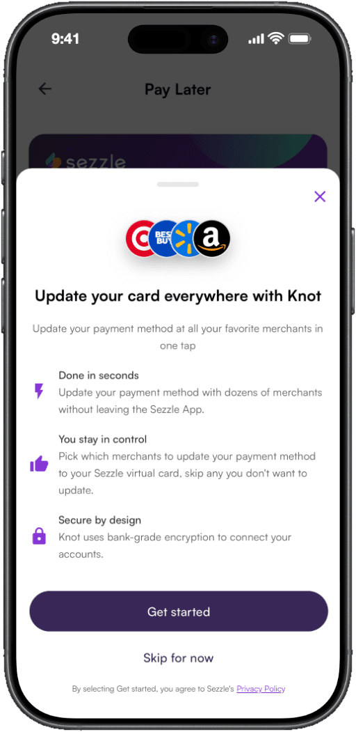 A prompt in the Sezzle app inviting a shopper to update their card on file at their favorite merchants with Knot.