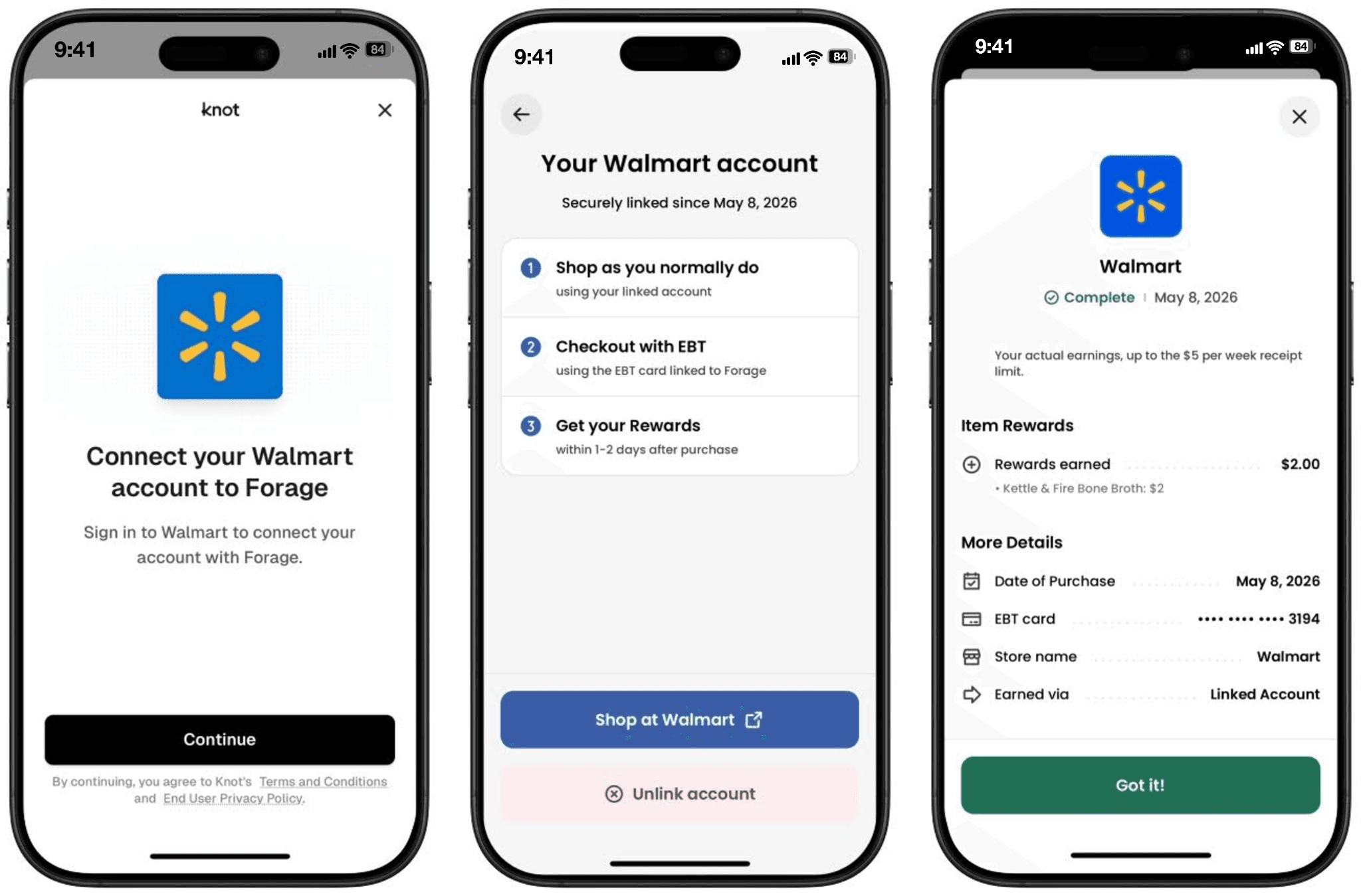 A Forage app user connects their Walmart account once with Knot and automatically earns rewards on qualifying purchases.